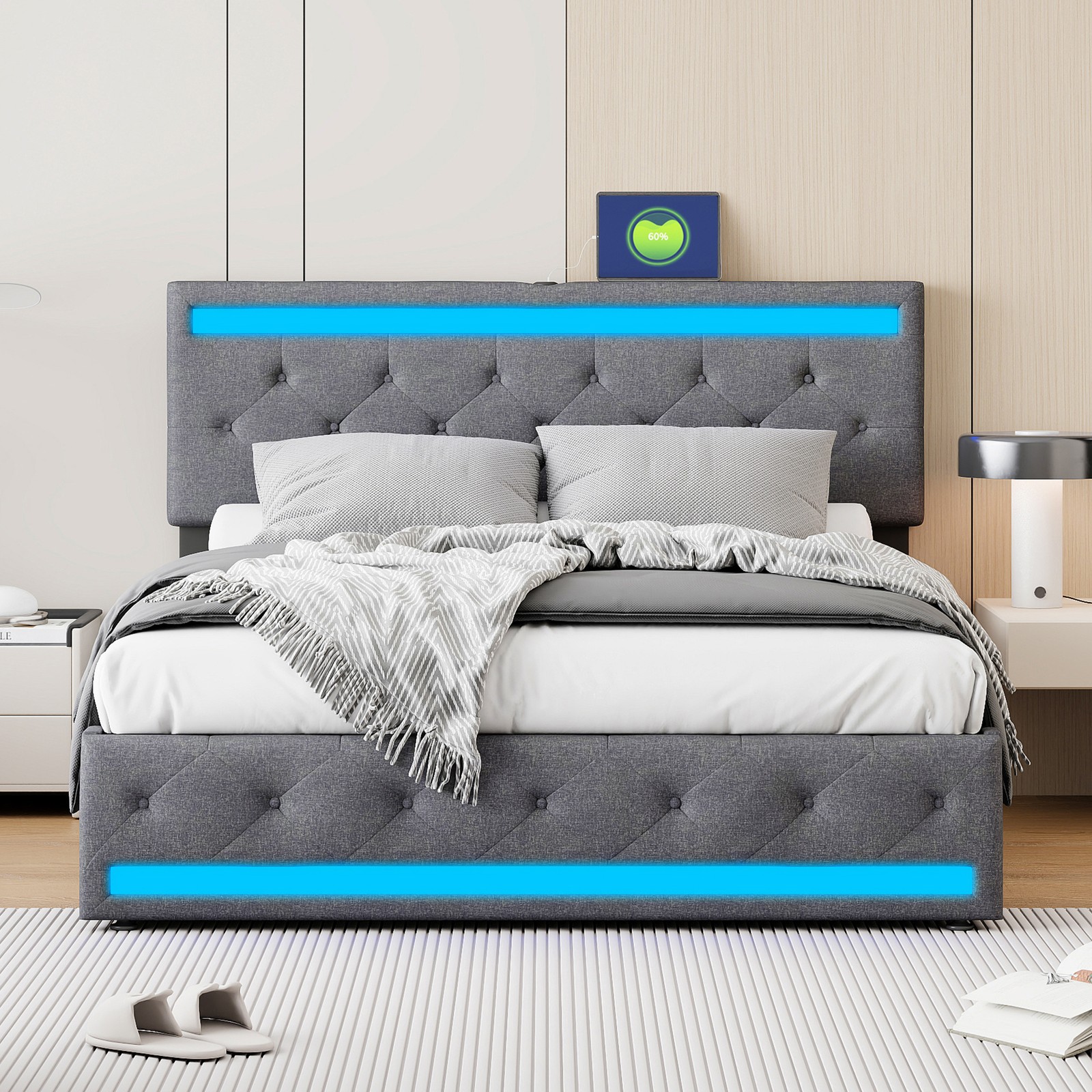 Lit rembourré 140x200 cm Beige pour une Chambre Parentale Cocooning avec Tiroirs de Rangement