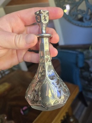 Rare Shaped Alvin Co. Art Nouveau Perfume Bottle W/Intricate Fine Silver Overlay