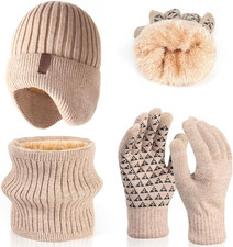 Men Winter Beanie Hat Touchscreen Gloves Neck Warmer 3 in 1 Set with Fleece Line