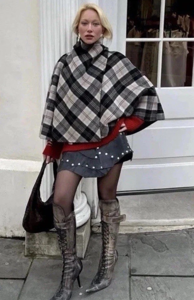 ZARA WOMAN NWT SS25 ZW COLLECTION CHECK WOOL CAPE JACKET ECRU BEIGE 7522/045 - Image 3 of 4