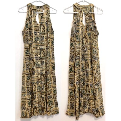 VINTAGE ?? JONI BLAIR Yellow Aztec Geo Geometric Tile Print Midi Dress Medium ??
