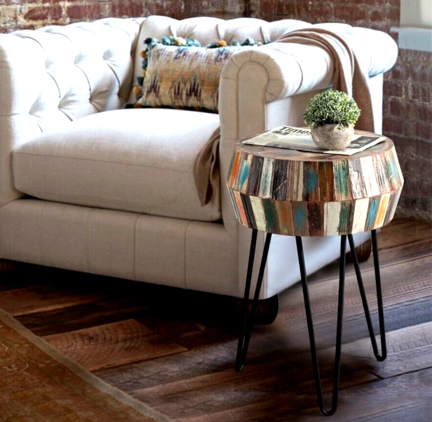 Greenage Side End Table Solid Reclaimed Wood  Nightstand Round 3D Round  22" H - Image 3 of 4