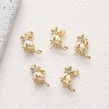 6pcs CZ Pave Cat Charm,Gold Cat Pendant With Pearl Pegs,Zircon Charm