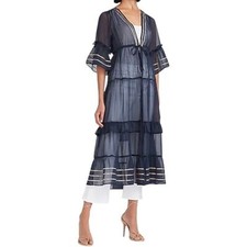 New Express Dress Kimono Wrap Large Navy Blue Gold Sheer Ruffle Tiered Festival
