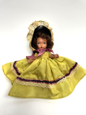 Vintage Nancy Ann Storybook Doll Yellow Dress w/Black Hat 5''