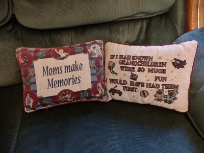 2 VTG Decorative Tapestry Pillows Moms Make Memories & Grandchildren So Much Fun