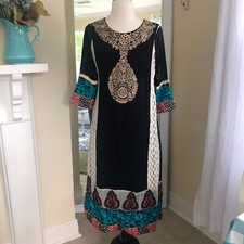 Womens Maxi Indian Kurta Dress Small Multicolor Embroidered Black Boho