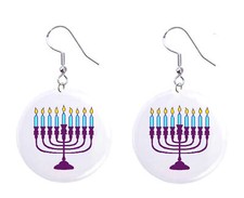 Menorah Hanukkah Jewish Button Earrings Jewelry 1" Dangle MADE IN USA - NEW
