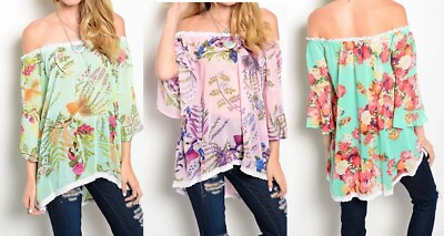 Birds Rose Floral Chiffon Flutter Bell Sleeve On/Off Shoulder Boatneck Blouse To