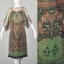 Small 1970s Victor Costa Dress Two-Piece Boho Sheer Chiffon Green Overdress VTG