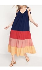 Old Navy Color Block Navy Red Orange Maxi Tiered Cami Swing Beach Dress S