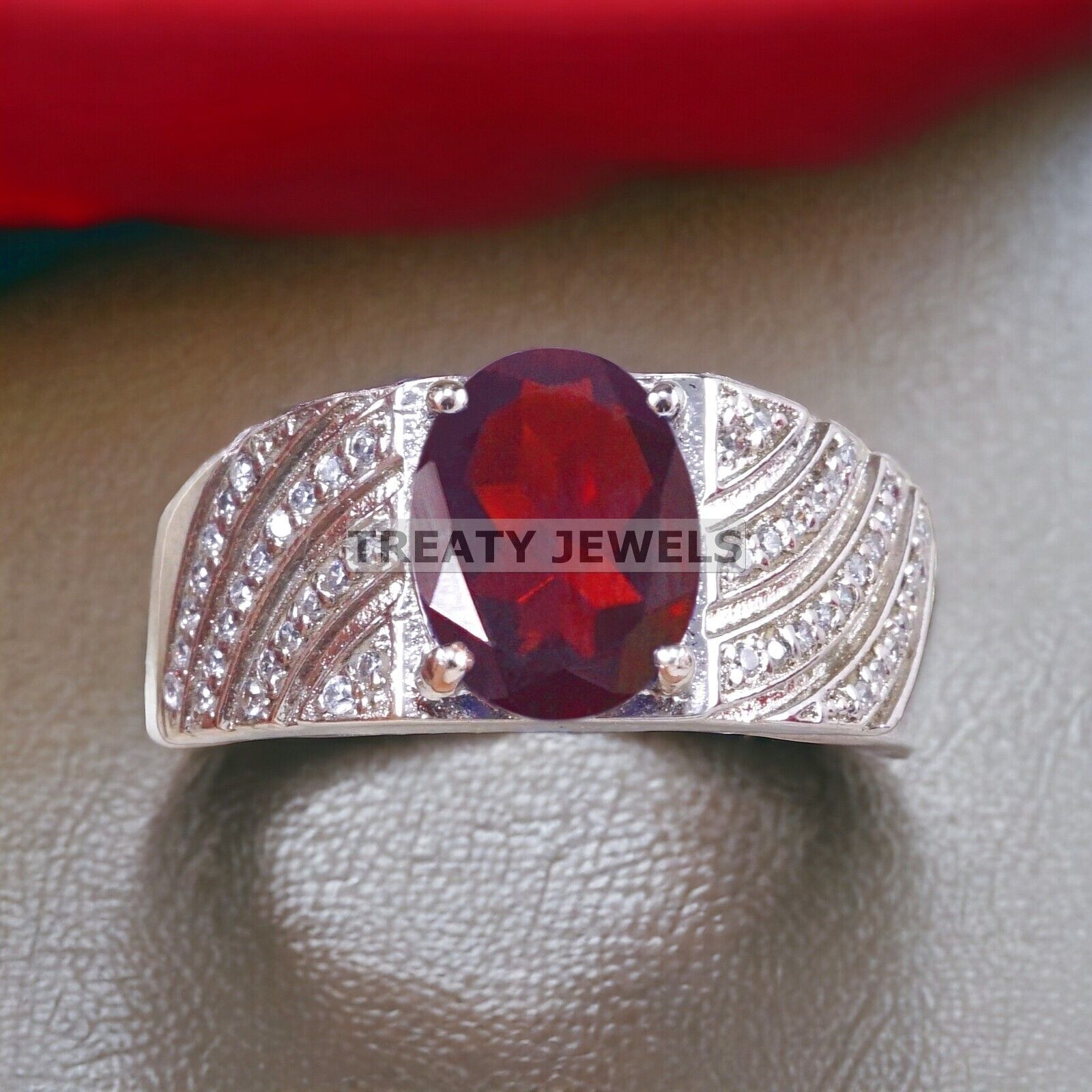 Garnet Oval Cut Gemstone With 925 Sterling Silver Ring For Men's #A358 *