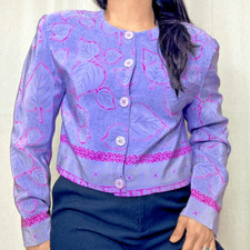 vtg 90s Diane Gilman silk jacket shirt purple pink leaf retro long sleeve small