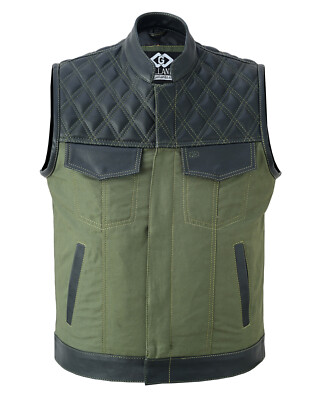 SOA Herren Lederweste Weste Grün Denim Schwarz Leder Raute Biker Style