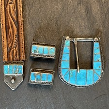 Vintage Zuni Sterling Silver Channel Inlay Turquoise Ranger Set Spectacular Belt