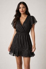 TRIXXI Black Shimmer Mini Dress Flutter Sleeve V-Neck Elastic Waist Small