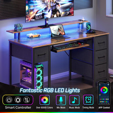 Seventable 55.1" Computer Desk with LED, Power Outlets, and Drawers,Rustic Brown