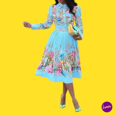 VERWIN Women's Sheath Dress, Pleated Floral, Sky Blue, UK 2XL | EU 46 | US 14