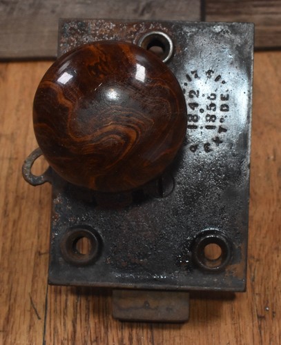 Antique 1840 1856 C Adams JP Sherwood Janus Faced Door Lock Wood Grain Two Knobs - Picture 2 of 4