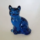 Fenton Colonial Blue Cobalt Glass UV GLOW 3.75" Cat Figurine Sitting Curio Kitty