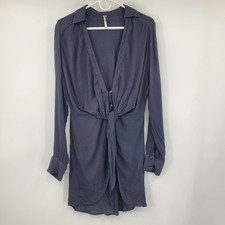 Free People Black Crinkle Tie Front Mini Dress Long Sleeve Gauze Beachy Indie