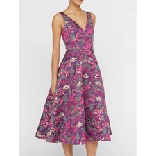 Theia Pia Jacquard Tea Length Dress Shadow Rose Floral Oxblood Size 4 NWT