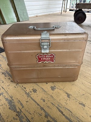 Vintage 1950s Steel Little Brown Chest Cooler w/ TRAY 16 x 12 x 10''