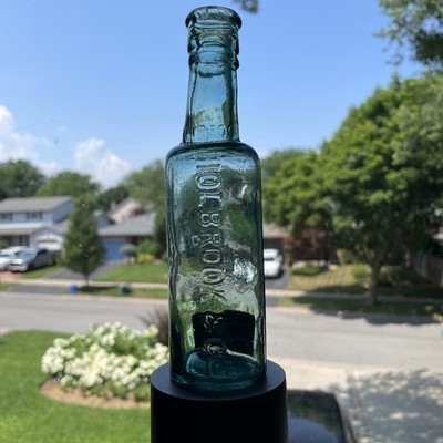 Antique c1880s HOLBROOK & CO Blue Glass Bottle Worcester Sauce w/ Applied Top
