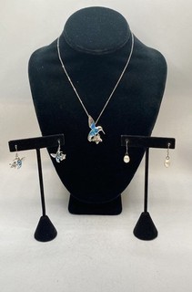 Sterling Silver 925 Hummingbird Necklace & Earrings Set Opal Pearl Italy 14.1g