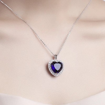 Heart Natural Blue Sapphire Diamond Halo Pendant 14k Solid White Gold NO CHAIN