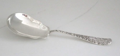 Stieff ROSE Repoussé Sterling Silver Berry Spoon, No Monogram.  8" long