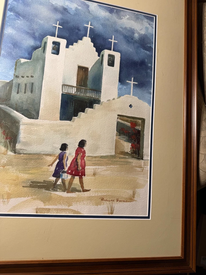 Pintura en acuarela grande Barclay Ewing "Mujeres por iglesia" - firmada/enmarcada Foto 4 de 4