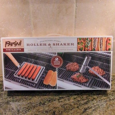 Parini Stainless Steel Hot Dog Roller & Salt Pepper Shaker Set, Wood Handle