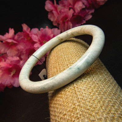 58MM Natural Grade A Burmese Jade Bangle   Ice White with Apple-Green Accents