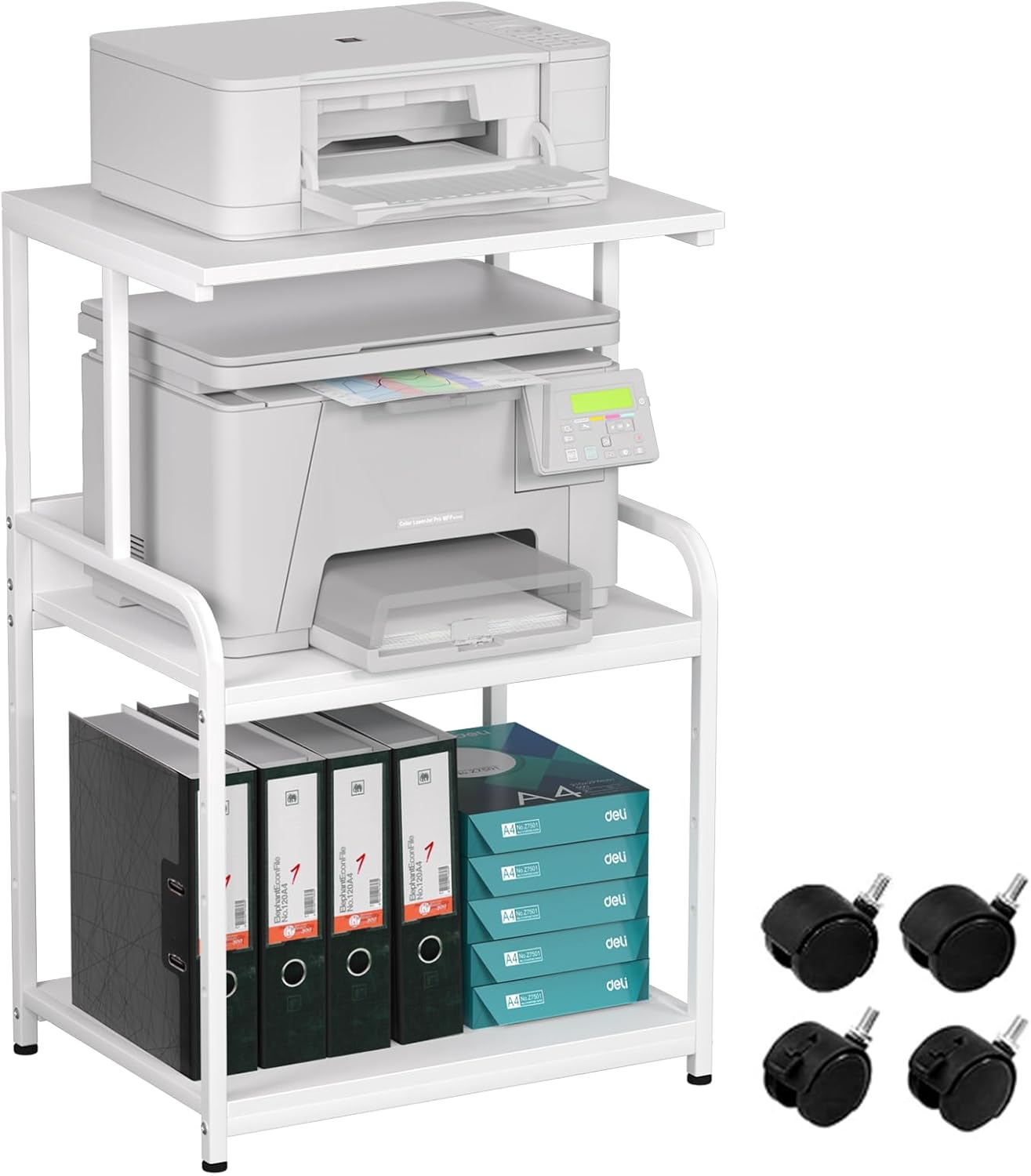 3-Tier Printer Stand, Large Printer Table on Wheels, Movable Printer Stand with