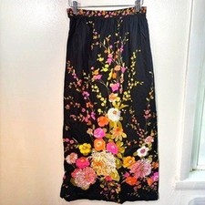 Vintage 70s Floral Maxi Skirt Womens Sz S Black Multi Flower Print Side Slit