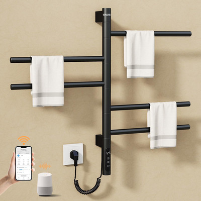 Smart Heated Towel Rack, 5-Bar Wall-Mounted, Wi-Fi Control, Matte Black