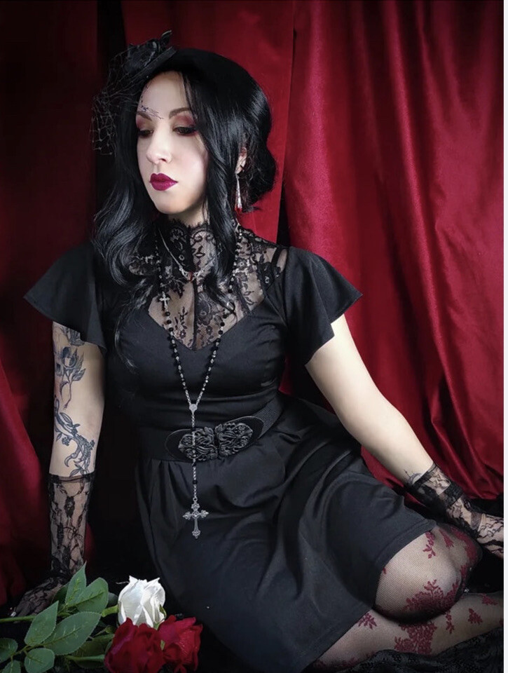 NWT Scarlet Darkness Gothic Flutter Sleeve Lace Neck A-Line Dress Sz-24W