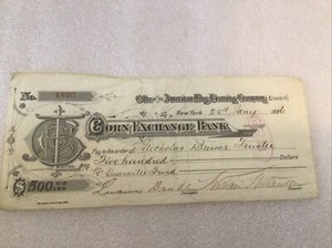 Antique 1886 Bank Check American Bag Loaning Company  Corn Exchange Bank