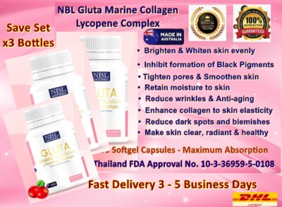 3x NBL Gluta Marine Collagen Lycopene Complex Whiten Brighten Healthy Skin 