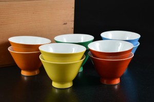 G3765: Japanese Kiyomizu-ware Five colors glaze TEA CUP Bundle sale w/signed box