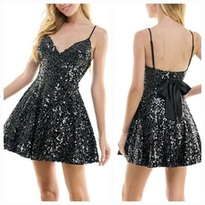 New CITY STUDIO Jr (3/4) Black Multi Sequined Above Knee Fit & Flare Dress $109