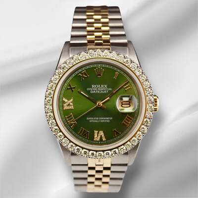 Rolex Datejust 36mm Yg / Stahl 2.25ct Diamant Grün Römisches Zifferblatt Hidden