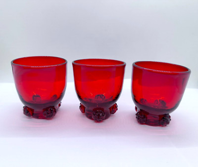 Blenko Applied Rosette Ruby Red Whiskey Tumblers or Shot Glasses - Set of 3