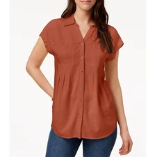 Style & Co Womens XS Cider Spice Orange Two Pocket Button Up Collared Top NWT