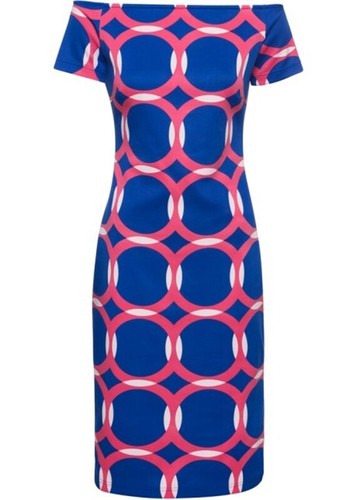 Carmenkleid 48 50 blau pink bedruckt Retro Stretchkleid enges Kleid Schlitz  neu | eBay