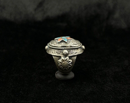 Very Beautiful Rare Silver Near Eastern Old Ring With Turquoise And Coral
