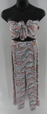 Plus Women's Swirl Ivory Purple Blue 2pc Tube Top Wide Pants Set 1X /2X : New