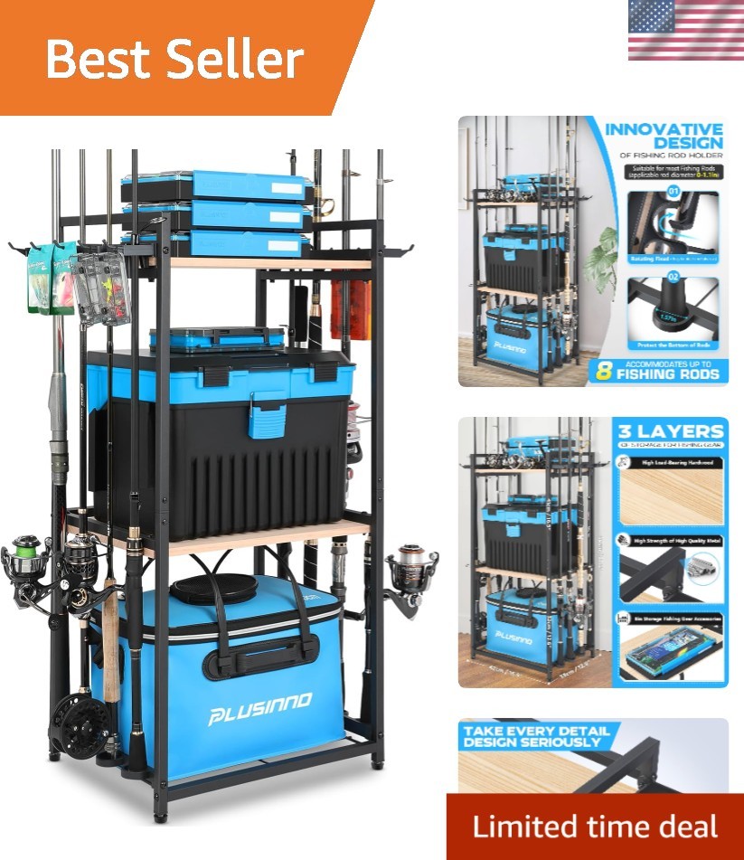3 Tier Fishing Rod Holder, Fishing Pole Holders For Garage, Fishing Rod Rack Fishing Rod Storage Up To 8 Rods, Fishing Gear Tackle Box Fishing