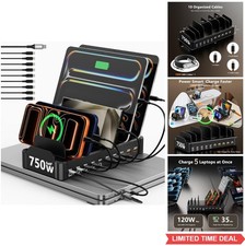 10 Port Charging Station 750W 5 USB-C 5 USB-A Fast Charger Organizer for Laptop